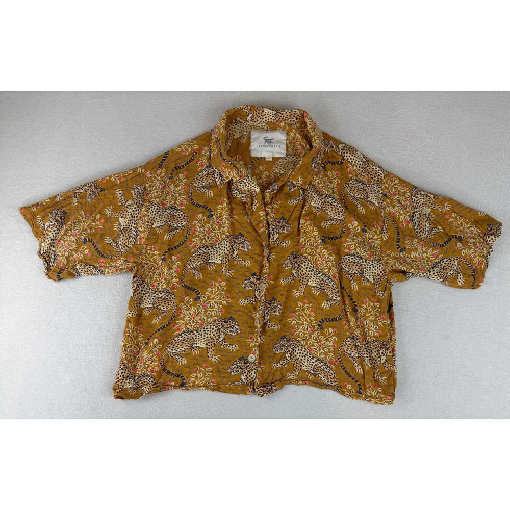 Printfresh Leopard Print Shirt Women Small Mustard Yellow Viscose Button Down